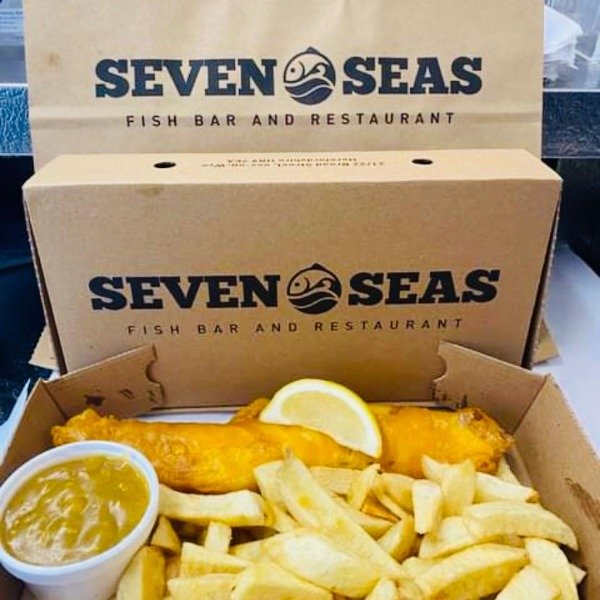 Fish and chips and a takeaway box