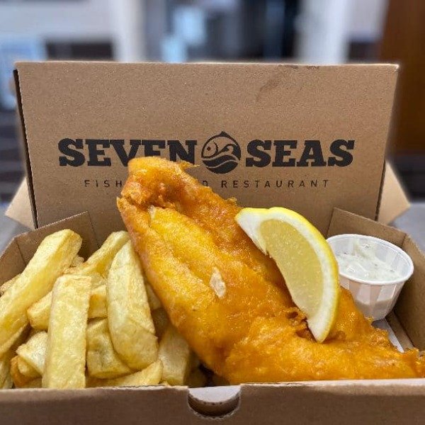 Fish and chips and a takeaway box